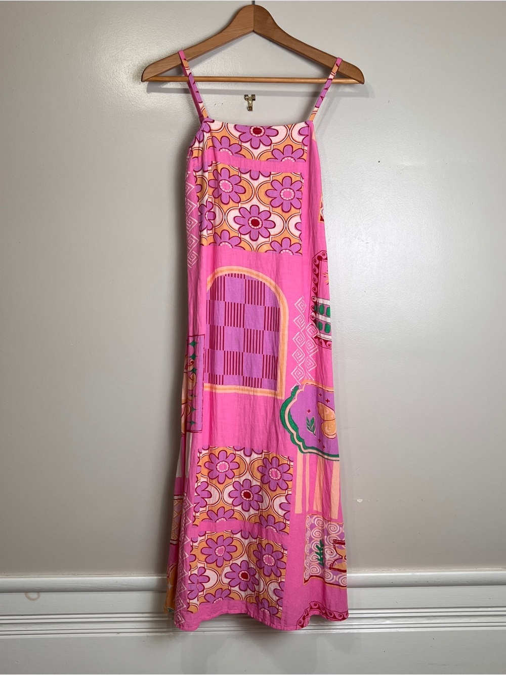 Japna Pink Patchwork Floral Print Midi Dress Linen Blend Boho Women's Sz XS, EUC